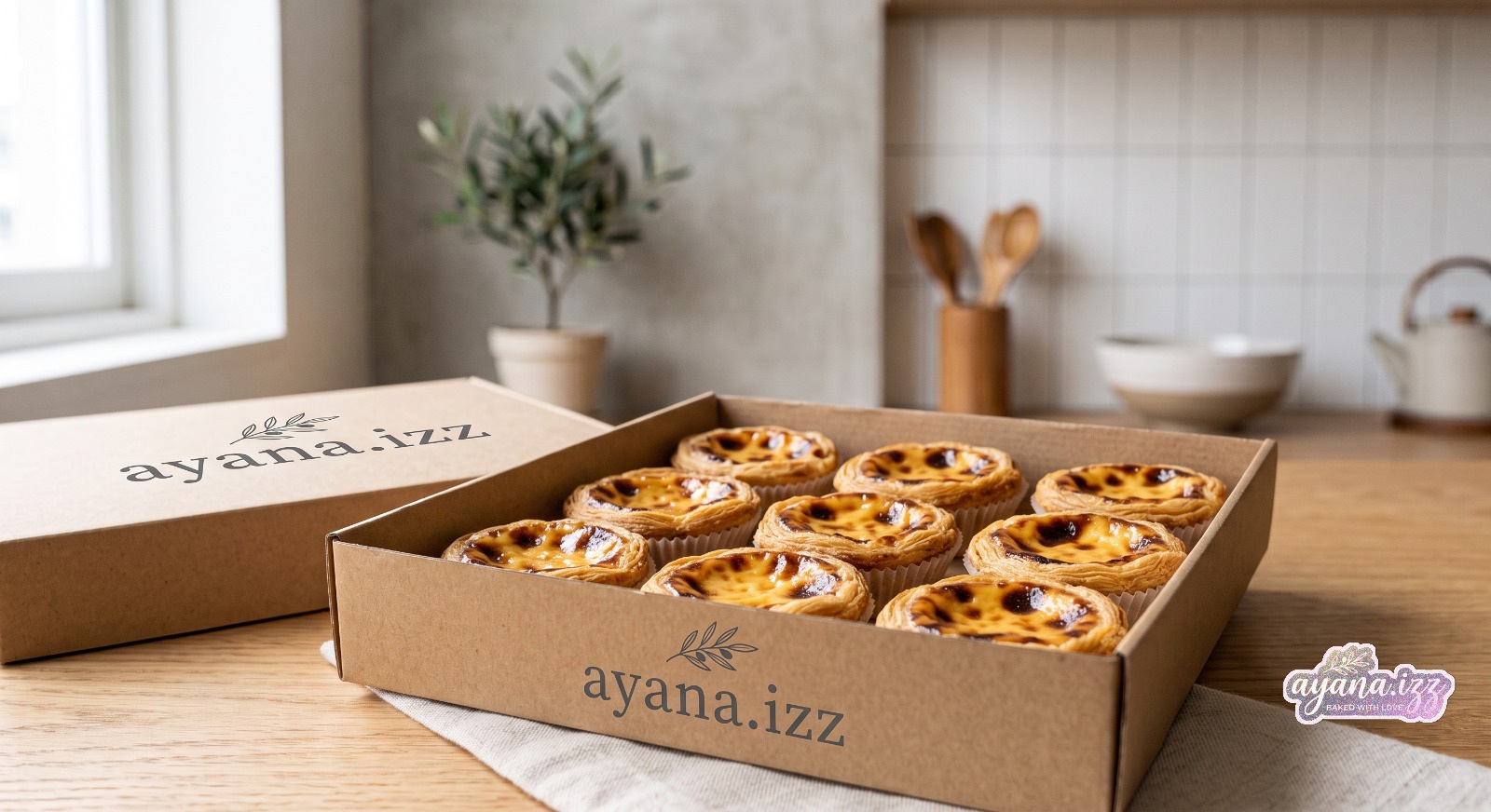 Kraft box filled with nine egg tarts