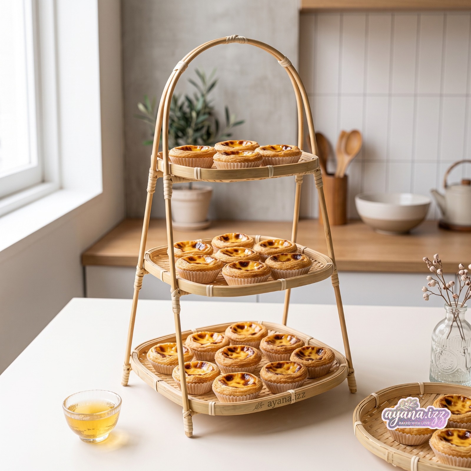 Three-tier bamboo stand full of egg tarts