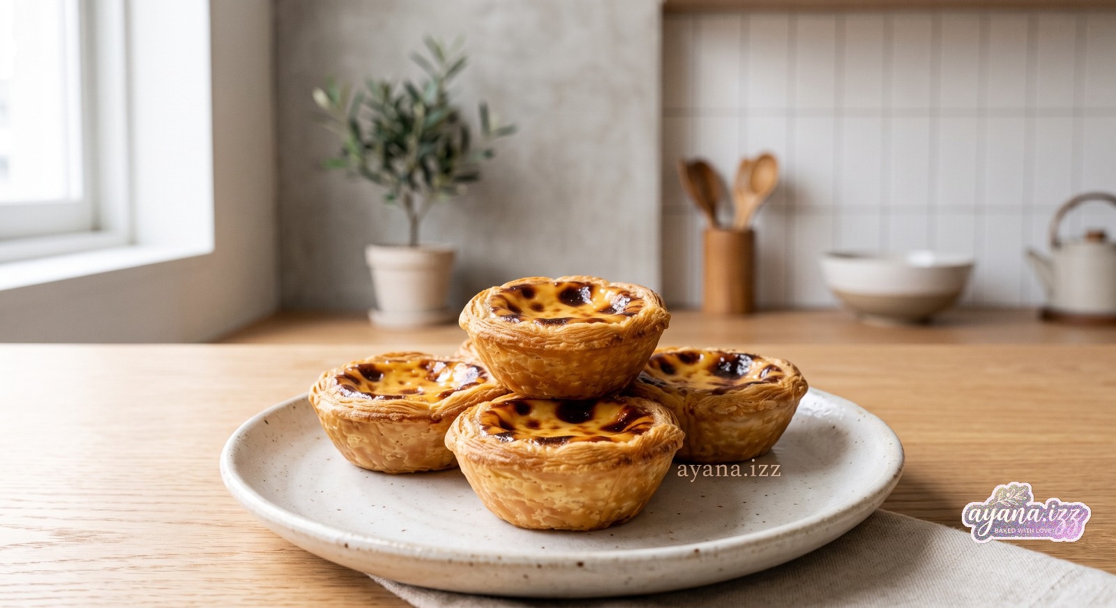 Four golden Portuguese egg tarts stacked on a ceramic plate